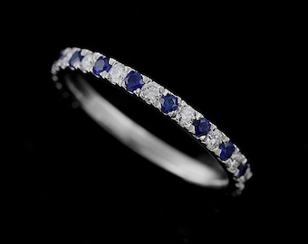 Diamond Sapphire Band, Blue Sapphire Wedding Ring, Color Stone Wedding Band, Eternity Gemstone Gold Wedding Ring 2.2mm Wide