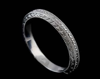 Silver Women's Band, Engraved Wedding Ring, Art Deco Inspired Wedding Band, Milgrain Straight Wedding Ring, Silver Wedding Ring