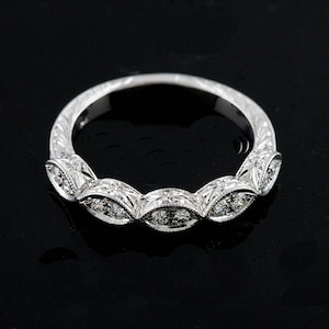 Marquise Wedding Ring, Diamond Half Way Engraved Wedding Ring, Vintage Antique Replica Gold Platinum Band, Milgrain Carved Pave Set Band 3mm