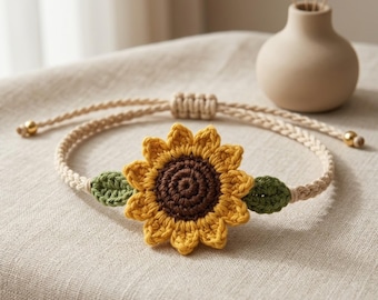 Patrón PDF para pulsera de girasol a crochet, joyería floral a crochet, pulsera bohemia ajustable, regalo hecho a mano
