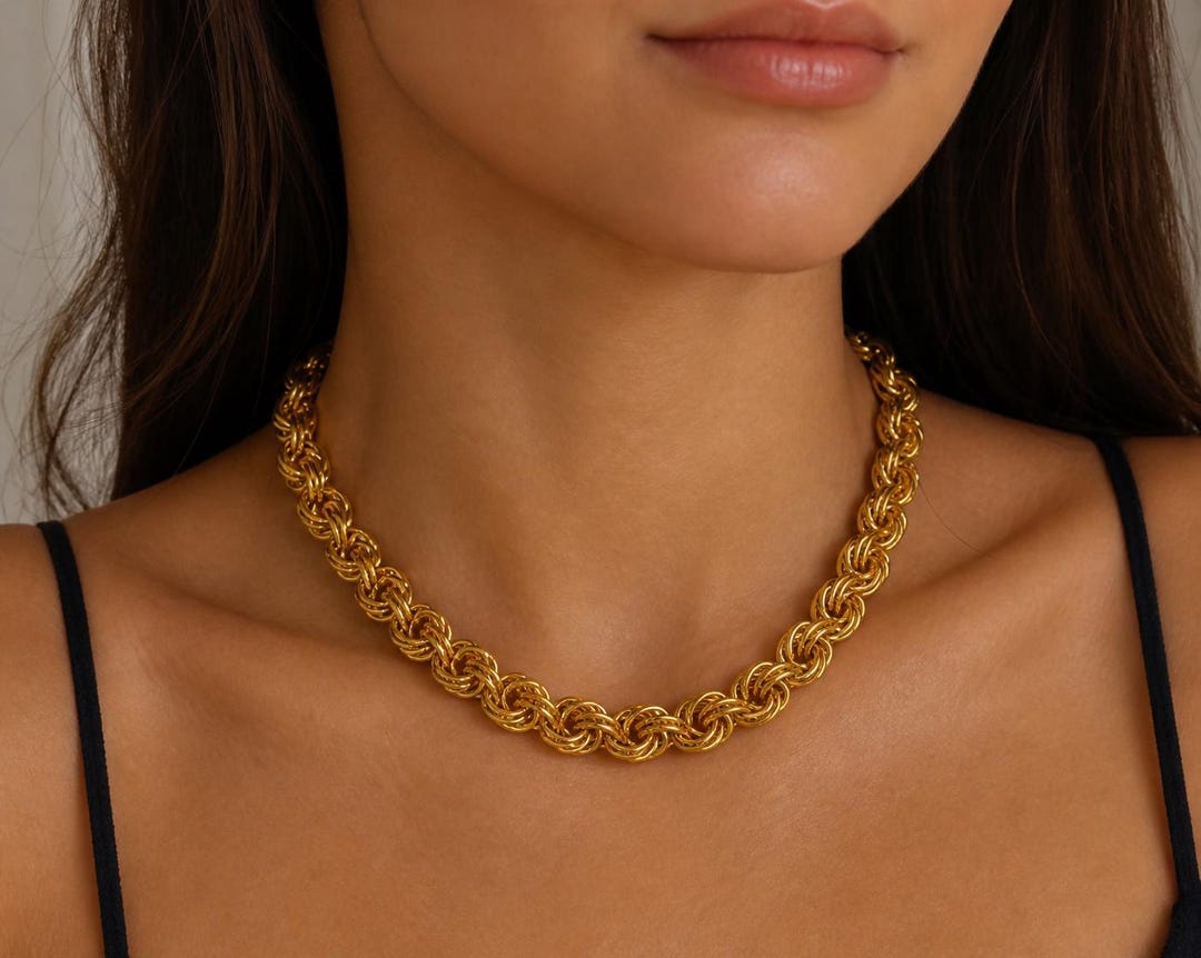 Handmade 20K Yellow Gold Twisted Curb Rolo Chain Necklace – Statement ...