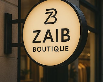 Puede incluir: Un letrero redondo e iluminado para una boutique, montado en el exterior de un edificio. El letrero es negro con una cara de color crema, que muestra el nombre "ZAIB BOUTIQUE" en letras negras. El logotipo presenta una "Z" estilizada.