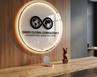 Puede incluir: Un letrero circular de pared con cara blanca y bordes retroiluminados. Presenta un símbolo de infinito negro que contiene dos globos terráqueos, con el texto ORBIS GLOBAL CONSULTANCY e INTERNATIONAL MARKET SOLUTIONS impreso en negro debajo.