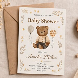 Tedy Bear Baby Shower Invitation, Boho Watercolor Invite (Digital Download)