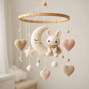 Könnte beinhalten: Handgefertigtes Baby-Mobile mit einem gehäkelten Hasen auf einem Mond. Es enthält gehäkelte Herzen, Sterne und Holzperlen, die an einem Holzreifen aufgehängt sind. Sanfte, neutrale Farben.