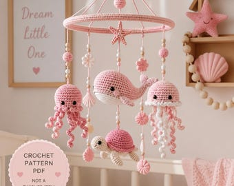 Schema per giostrina per neonati all'uncinetto con animali marini (PDF), balena, medusa, tartaruga e polpo amigurumi.