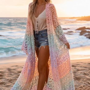 Boho Häkelanleitung für Lange Cardigan, Pastell Ombre Strand Cover Up (PDF)