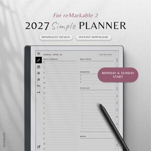 2027 Planner reMarkable 2, Daglig Veckovis Månadsvis Årlig Kalender, Minimalistisk Mall, Hyperlänkad PDF, Måndag & Söndag Start, Digital Nedladdning