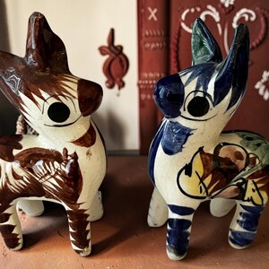 Vintage Tonalá Pottery Burro Figurines Pair – Hand Painted Mexican Folk Art Donkeys – Blue and Brown Ceramic Animals