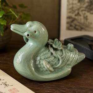Vintage Korean Celadon Duck Water Dropper Suiteki | Signed Studio Pottery | Goryeo Style Scholar’s Desk Ink Water Dropper