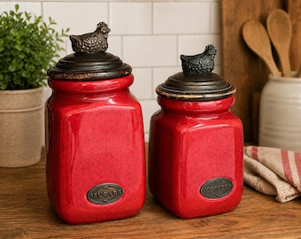 Vintage Farmhouse Red Ceramic Rooster Canister Set – Coffee, Sugar Storage