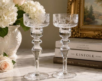 Vintage Rogaska Gallia Lead Crystal Candle Holders Pair Etched Floral Pattern 8.25”