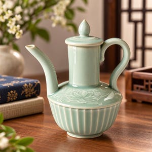 Vintage Korean Goryeo Style Celadon Ewer Teapot – Incised Floral Lidded Pottery