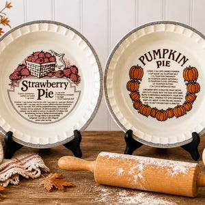 Vintage Royal China Pie Plates Set Strawberry & Pumpkin Recipe Dishes 10” Farmhouse Kitchen Decor
