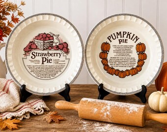 Vintage Royal China Pie Plates Set Strawberry & Pumpkin Recipe Dishes 10” Farmhouse Kitchen Decor