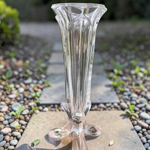 May include: A clear glass vase with a flared top and a pedestal base. The vase has vertical ribbed detailing and a starburst design at the top. The base has a three-petal design. The vase is outdoors on a stone path.