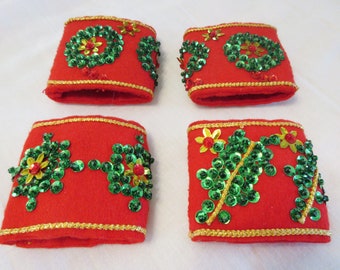 Vintage Handmade Christmas Napkin Rings - Felt with Sequins - Set of Four