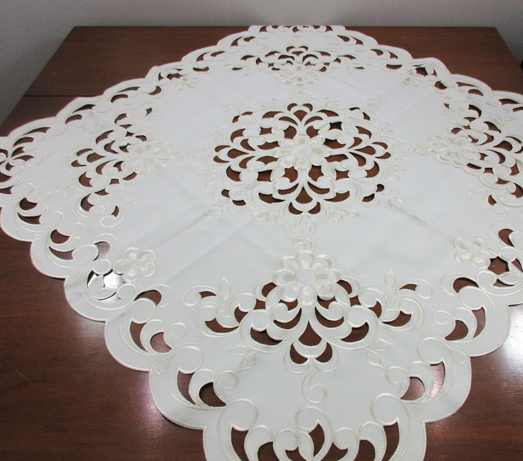 Vintage Sander Tablecloth Ivory With Ivory Embroidery, Cut Work, MWT