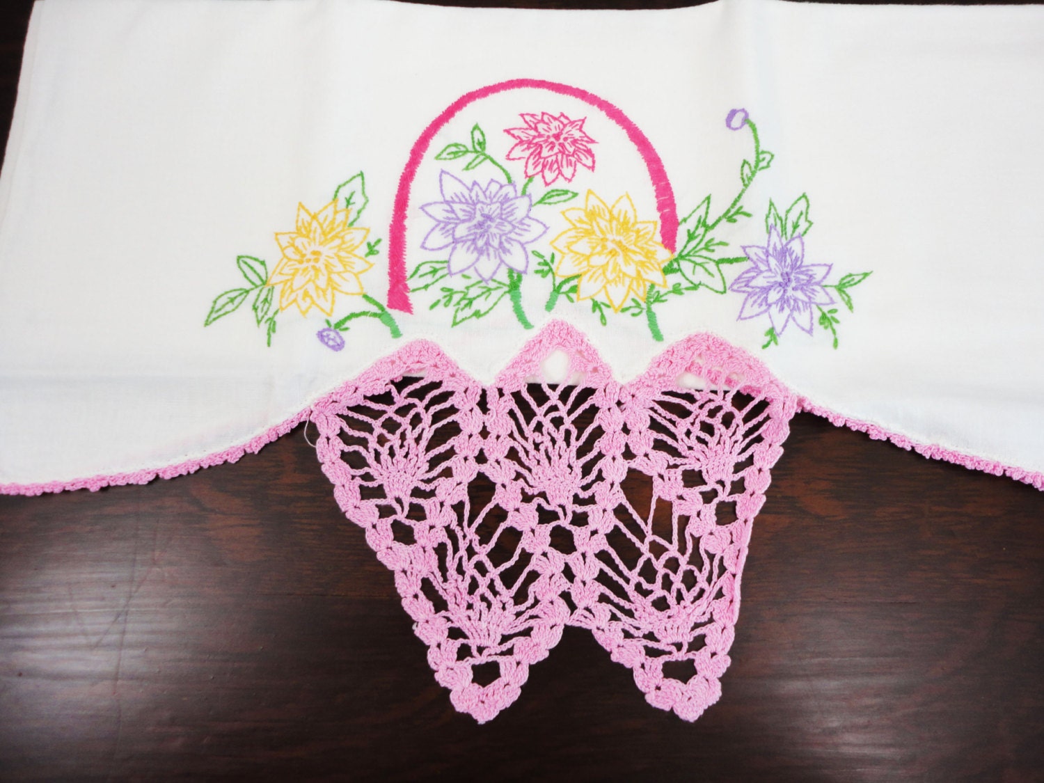 Handmade Pillow Case With Pink Crocheting Flour Sack Etsy