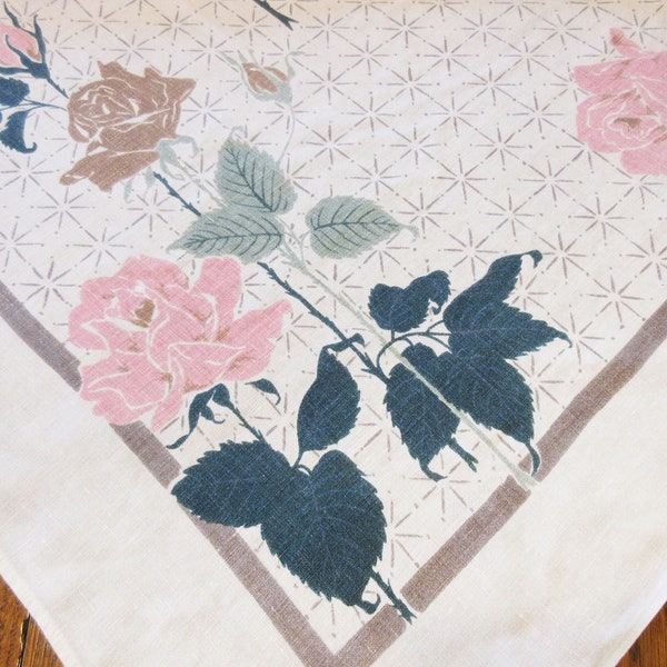 Nappe vintage - Linge Ivoire avec Roses Rose et Taupe - 48 » X 50 » - Mid Century