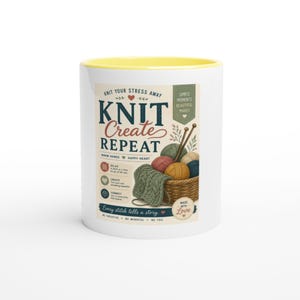 Knit Create Repeat Mug – Knitting Gift for Yarn Lovers – Crochet & Knitting Coffee Cup – Craft Room Maker Mug