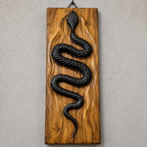 May include: A rectangular wooden wall plaque featuring a deeply carved, black-painted snake in a winding, vertical S-shape. The natural wood grain is visible in the surrounding light brown surface, and a metal hook is attached at the top centre.