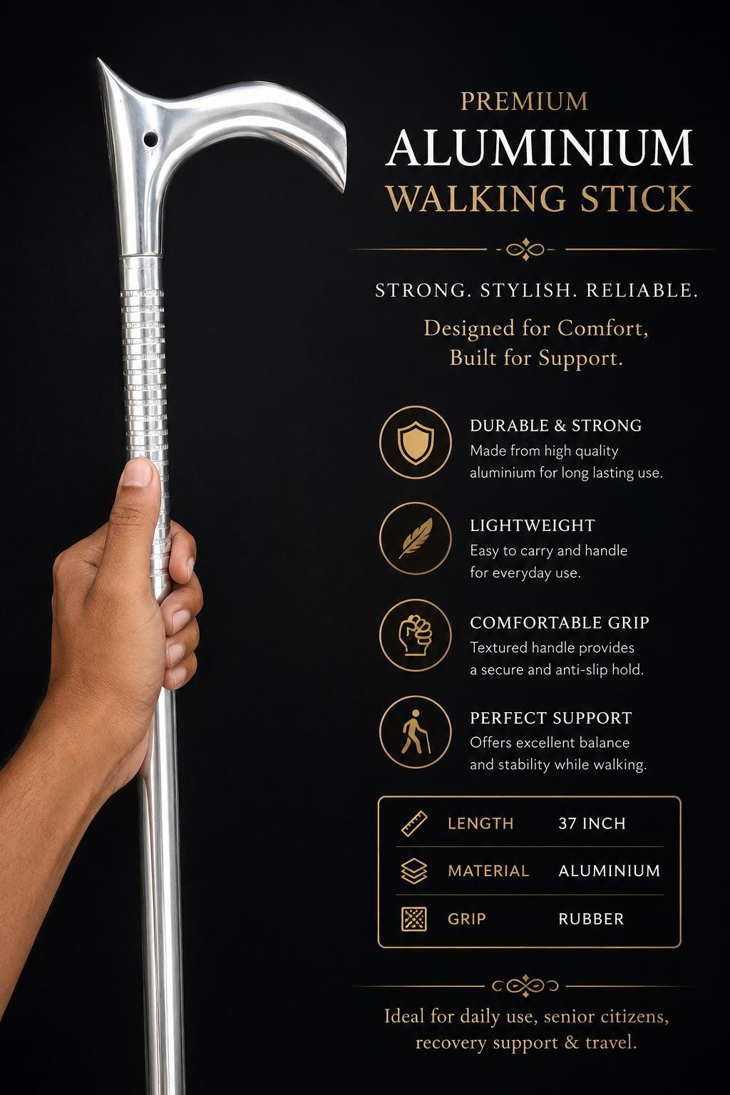 37 Inch Aluminium Walking Stick with Rubber Grip, Lightweight Mobility Cane