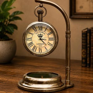 May include: A brass-toned metal desk clock suspended from a curved stand, featuring a round face with Roman numerals, a crown icon, and the text VICTORIA LONDON 1915. The base includes a circular compass-like inset with a dark green surface.