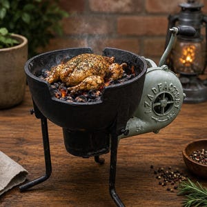May include: A black cast iron charcoal grill with a hand-cranked blower mechanism attached to the side. The blower is light green with the text "AZA-FACTORY" embossed on it. A whole seasoned chicken is cooking over hot coals inside the bowl.