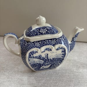 Vintage Sadler Mini Teapot English Scenic Pottery blue white