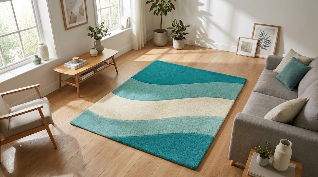 Teal Wave Abstract Tufted Rug, Modern Minimalist Living Room Carpet - Etsy