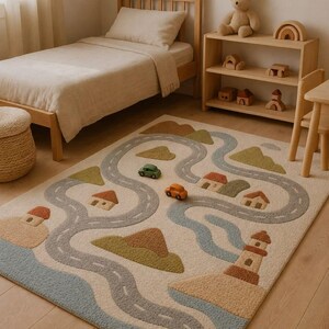 Kids Road Map Play Rug, Nursery Activity Mat, Montessori Toddler Room Decor