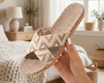 Linen Cross-Strap Slippers – Breathable Flax Indoor Slides, Boho Spa Sandals