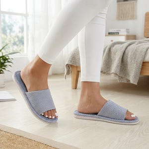 Natural Linen Striped House Slippers – Breathable Open Toe Slides