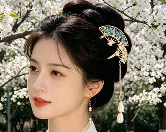 Gold Fan Tassel Hairpin, Chinese Style Stick, U Shaped Fork, Minimalist Hanfu Inspired Jewelry