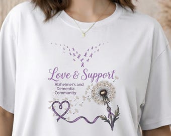 Camiseta de concienciación sobre el Alzheimer, camiseta de apoyo a la demencia, regalo para cuidadores con lazo morado, guerrero contra la pérdida de memoria, camiseta con estampado floral de diente de león.
