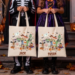 Personalized Toy Story Halloween tote bags featuring Disney characters in Halloween costumes with pumpkins, ghosts, candy, and custom names, perfect for kids' trick or treating and Halloween candy collection.