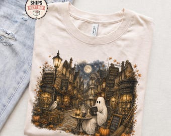 Diagon Alley Halloween Shirt, Wizarding Street Tee, Ghost Reading Shirt, Cozy Autumn Halloween Top, Hoodie & Sweatshirt