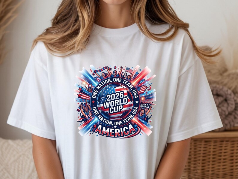 May include: White t-shirt featuring a colorful graphic design for the 2026 World Cup. The design includes a soccer ball, the text "2026 WORLD CUP AMERICA", and the phrases "ONE NATION, ONE TEAM, USA" in red, white, and blue.