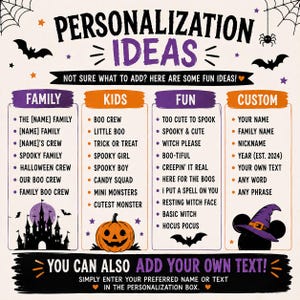May include: A Halloween-themed personalization guide featuring the text PERSONALIZATION IDEAS and categories for FAMILY, KIDS, FUN, and CUSTOM. The graphic includes illustrations of a castle, a jack-o'-lantern, bats, and a witch hat on mouse ears.