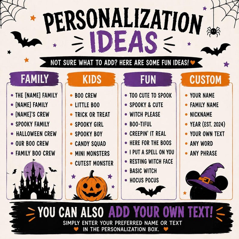 May include: A Halloween-themed personalization guide featuring the text PERSONALIZATION IDEAS and categories for FAMILY, KIDS, FUN, and CUSTOM. The graphic includes illustrations of a castle, a jack-o'-lantern, bats, and a witch hat on mouse ears.