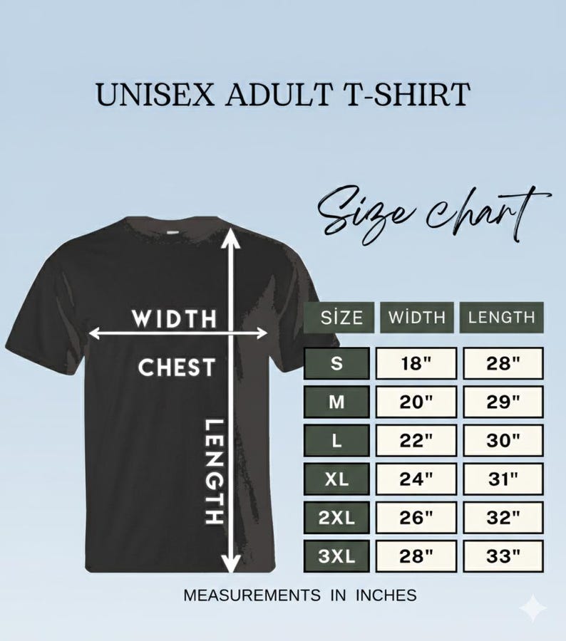 Puede incluir: Camiseta negra unisex para adulto con una tabla de tallas. La tabla muestra medidas en pulgadas para ancho y largo, desde la talla S hasta la 3XL. El texto "UNISEX ADULT T-SHIRT" est&aacute; en la parte superior.