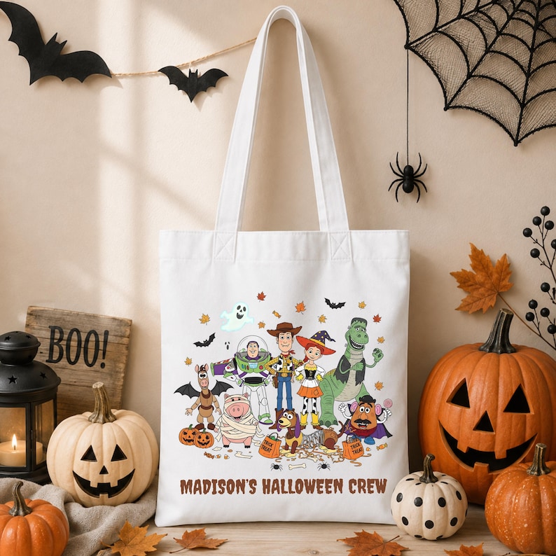 May include: A white canvas tote bag featuring a colorful graphic of Toy Story characters dressed in Halloween costumes, including a ghost, bats, and pumpkins. The text "MADISON'S HALLOWEEN CREW" is printed in brown letters at the bottom of the bag.