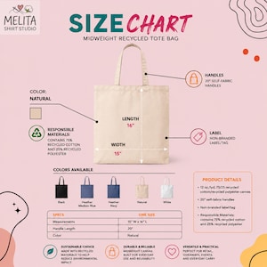 May include: A natural-colored midweight recycled tote bag with 20-inch self-fabric handles. The bag measures 15 inches in width and 16 inches in length. The graphic includes a size chart, material composition of 75% recycled cotton and 25% recycled polyester, and color options including black, medium blue, navy, natural, and white.