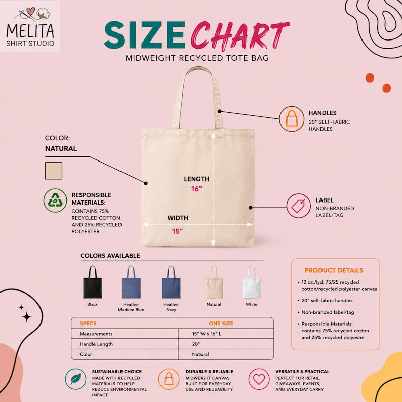 May include: A natural-colored midweight recycled tote bag with 20-inch self-fabric handles. The bag measures 15 inches in width and 16 inches in length. The graphic includes a size chart, material composition of 75% recycled cotton and 25% recycled polyester, and color options including black, medium blue, navy, natural, and white.