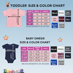 Puede incluir: Una tabla de tallas y colores para camisetas de ni&ntilde;o peque&ntilde;o y bodies de beb&eacute;. La tabla incluye medidas en pulgadas para el ancho y el largo. Las opciones de color incluyen negro, blanco, rosa claro, granate, azul marino, azul real y gris deportivo.