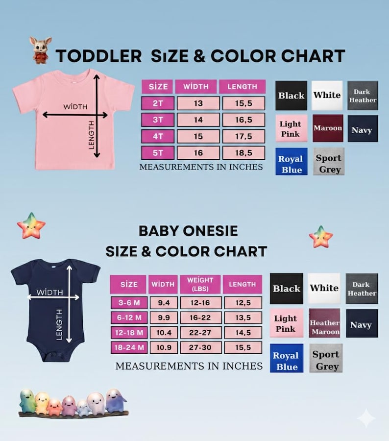Puede incluir: Una tabla de tallas y colores para camisetas de ni&ntilde;o peque&ntilde;o y bodies de beb&eacute;. La tabla incluye medidas en pulgadas para el ancho y el largo. Las opciones de color incluyen negro, blanco, rosa claro, granate, azul marino, azul real y gris deportivo.