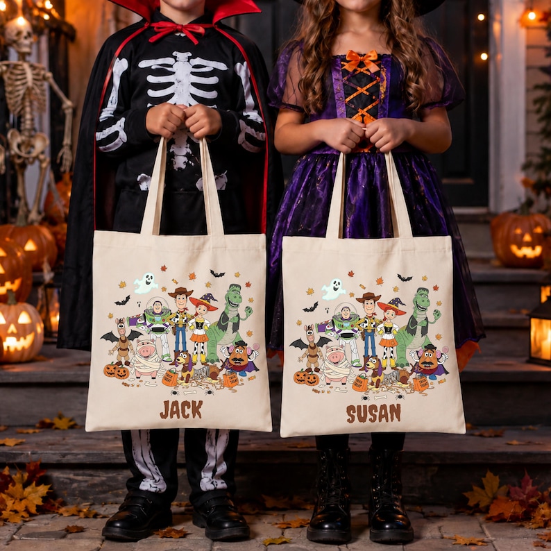 Personalized Toy Story Halloween tote bags featuring Disney characters in Halloween costumes with pumpkins, ghosts, candy, and custom names, perfect for kids' trick or treating and Halloween candy collection.