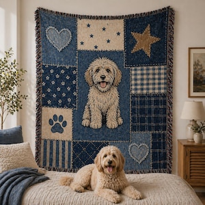 Patchwork Denim Dog Woven Blanket, Custom Pet Portrait Throw, Personalized Pet Gift, Woven Fringe Blanket, Cozy Decor