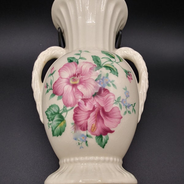 Vintage Royal Copley Fluted Vase Double Handle Floral Pattern 8"